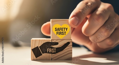 Hand placing a wooden block with SAFETY FIRST text and heart icon, emphasizing workplace safety and health protocols.