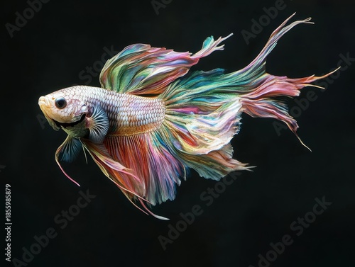 Colorful Siamese fighting fish (Rosetail Betta) swimming against a black background.
