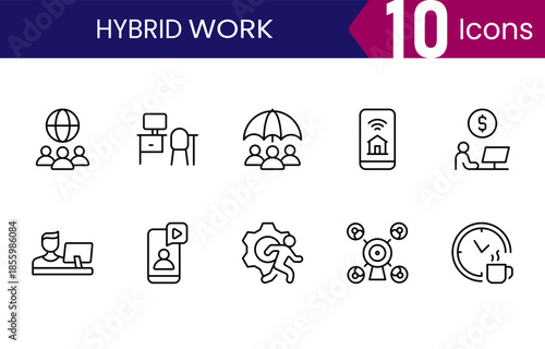Hybrid work icon pack for remote jobs, office teams and flexible workplaces, simple minimal outline symbols for modern business, apps and web design