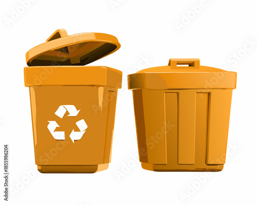 Two orange trash cans with recycling symbol one open isolated on white