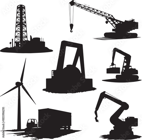 Collection of heavy industrial machinery and equipment silhouettes