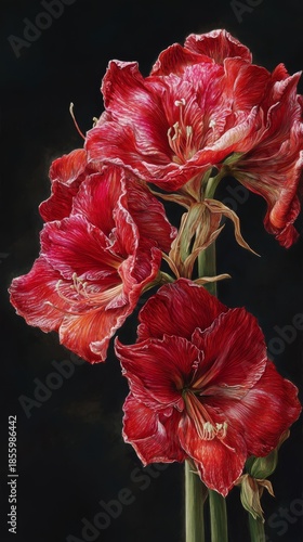 Red flowers bloom in close-up showing petals and stems on dark background during spring season
