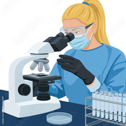 Medical Researcher Examining Samples Under Microscope in Laboratory