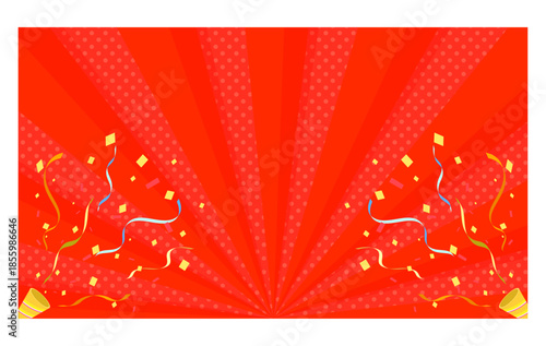 パーティークラッカーとサンバースト背景　赤色