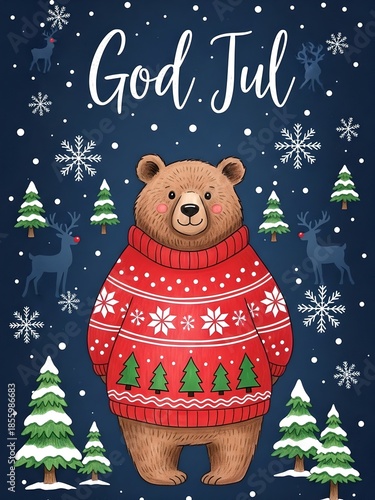 Adorable bear in a festive red sweater stands amid a snowy night scene with falling snow and pine trees, radiating warmth, family joy, and Christmas cheer in a whimsical holiday illustration.