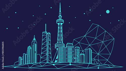 Futuristic Smart City Skyline with Digital Network and Artificial Intelligence Concept Polygon Wireframe Illustration