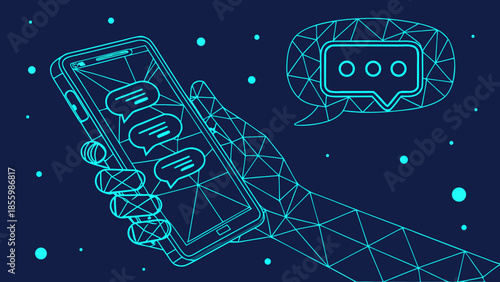 Artificial Intelligence Chatbot Concept with Smartphone and Speech Bubbles Polygon Wireframe Futuristic Technology Illustration