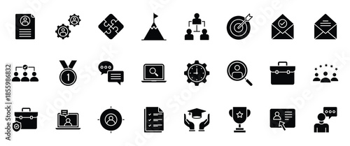 Recruitment icon collection set. Containing job search, interview, job fair, screening, short listed, employee icon. Simple flat vector illustration on white background