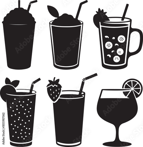 Assorted summer drinks and beverages in different glasses illustration