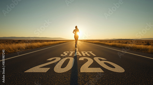 New year 2026 or start straight concept. Word 2026 written on the asphalt road and athlete woman runner stretching leg, preparing forthe  new year at sunset