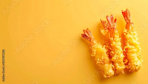 Fried Shrimp Tempura on Bright Yellow Background for Food Advertising