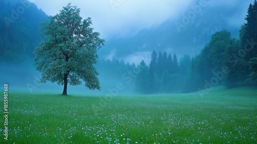 Tranquil meadow with lone tree under a misty sky.