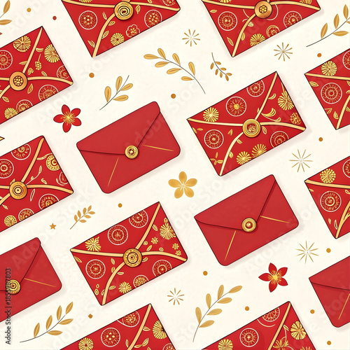 Seamless pattern of red envelopes with floral golden designs, ideal for Chinese New Year gift wrap, background textures, packaging, holiday decor, festive surface prints