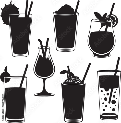 Assorted stylized drink glasses with garnishes and straws illustration