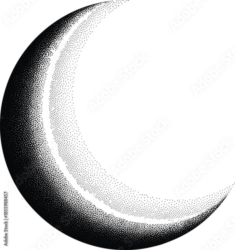 Abstract stippled crescent moon illustration, black and white celestial lunar phase design, cad drawing flat vector illustration minimalist artwork