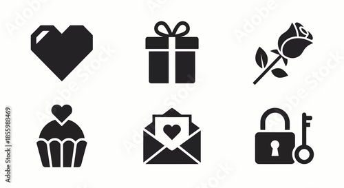 Romantic valentine icons collection featuring pixel heart gift box single rose cupcake with heart shape envelope with letter and lock with key vector