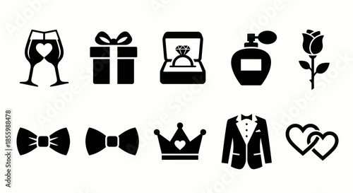 Wedding and celebration icons set with champagne glasses gift box engagement ring perfume bottle rose flower bow ties crown tuxedo and heart shapes