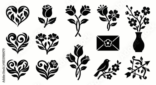 Floral heart and bouquet icons collection featuring roses lilies spring flowers envelope with blossom bird on branch and cupids bow with arrow vector