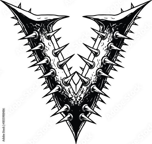 Aggressive Spiky Letter V Illustration with Sharp Thorns and Dark Textures in Black and White Cad Drawing Flat Vector Illustration