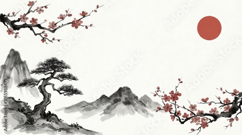 Serene cherry blossom scene traditional japanese landscape digital art tranquil environment aesthetic viewpoint cultural concept for peaceful relaxation and mindfulness