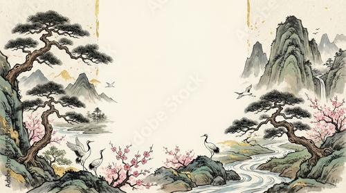 Serene landscape depiction with cranes and cherry blossoms traditional chinese art style tranquil nature scene artistic environment aesthetic viewpoint cultural concept for art lovers