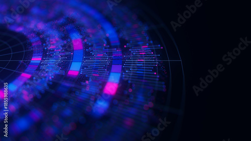Closeup of Big Data complex round graph background. Quantum computing universe. Cyber space of AI technology. Futuristic graph. Digital qubit information presentation.