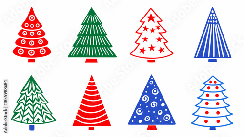 Collection of colorful and uniquely styled christmas trees in a white background