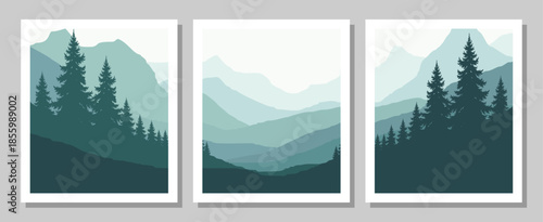 Serene mountain landscape with pine trees in soothing green hues