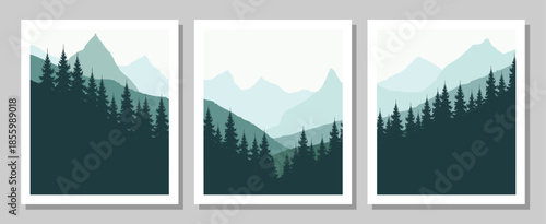 Serene mountain landscapes with evergreen trees in minimalist style