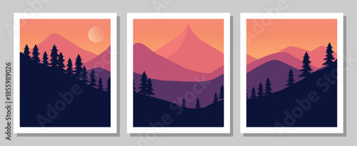 Vibrant mountain landscapes with silhouetted trees at sunset