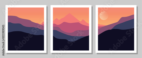 Vibrant mountain landscapes in modern art style with white frames