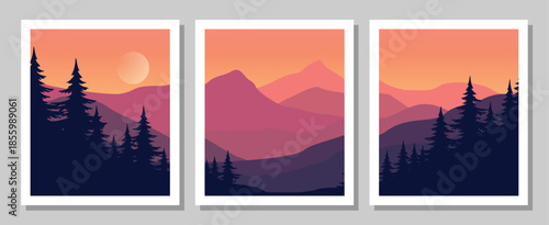 Vibrant mountain landscape at sunset with silhouetted trees