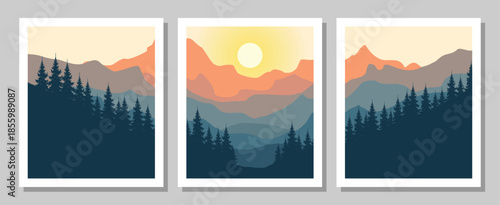Vibrant mountain landscape with pine trees at sunset