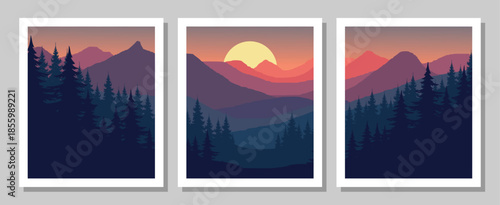 Vibrant mountain landscape at sunset with silhouetted trees
