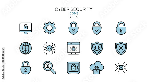 Cyber security icons minimal blue line art vector