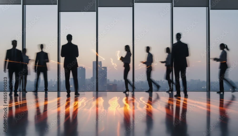Fototapeta premium Business Professionals Silhouettes on High-Rise Office Floor at Sunset
