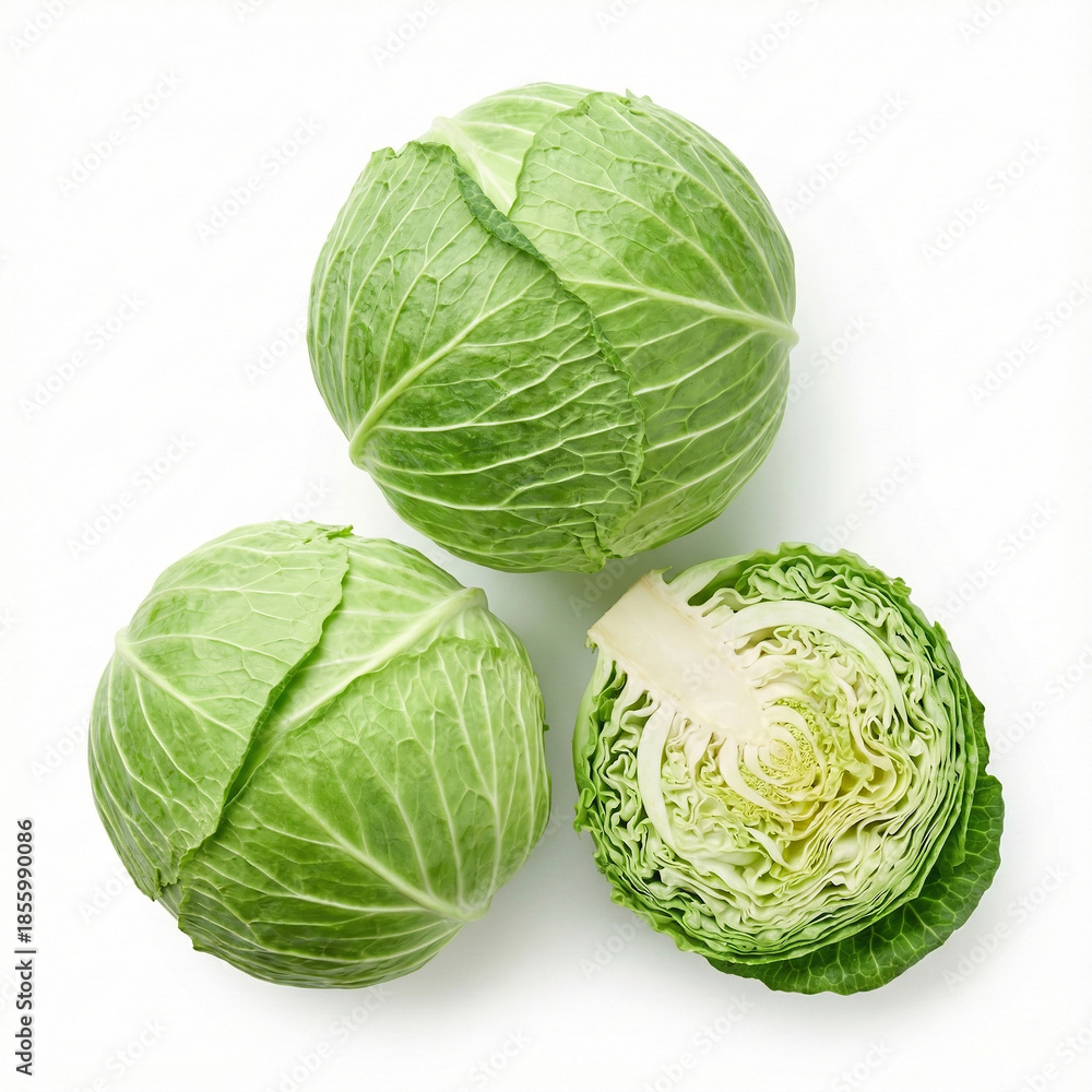 Fototapeta premium three varied green cabbages (a whole head, a half-cut, and a quarter-cut)