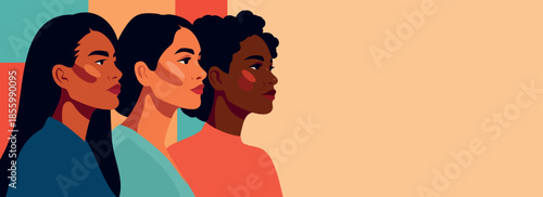 Vector banner, space for text for International Women's Day. Women of different cultures and skin tones stand together. Gender equality, women's empowerment, feminism, freedom, unity. Bright palette