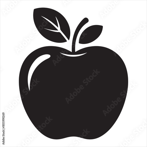 Simple black and white illustration of a single apple with a leaf