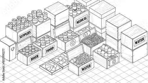 Detailed isometric line art illustration depicting numerous stacked wooden crates filled with various emergency provisions like labeled food supplies water and medical kits