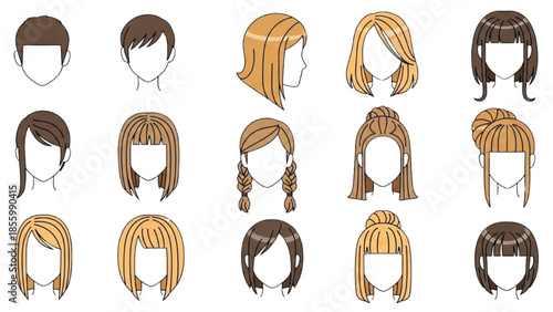 Collection of diverse hairstyles for women, cartoon style