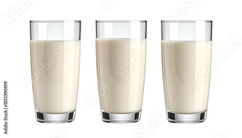 Three transparent glasses, each filled with opaque, creamy white liquid, set against black