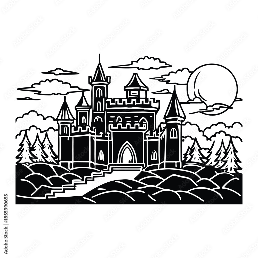 Naklejka premium Castle silhouette dramatic night moon