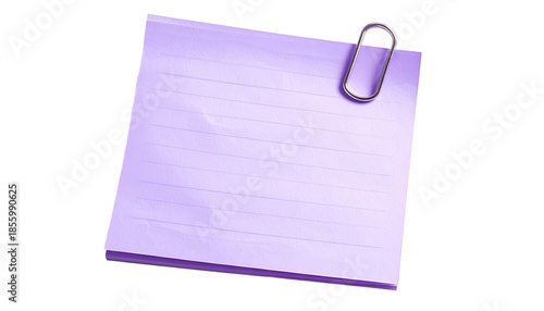 Lilac note paper with lines, held by a silver paperclip, on black background
