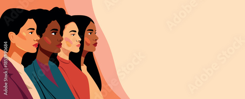 Vector banner with space for text for International Women's Day, March 8. Women of European, African, Asian descent stand together. Gender equality, women's empowerment, feminism, freedom, unity