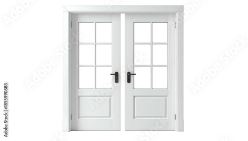 A bright white double door with window panes, dark handles, set against a black background