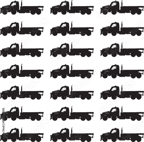 Collection of identical flat dump trucks isolated on transparent background