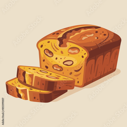 Vector illustration of sliced pumpkin bread with walnuts and cinnamon – Perfect for autumn baking blogs, holiday food branding, or recipe step-by-step visuals.