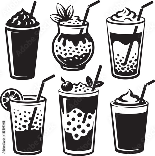 Assorted refreshing summer drinks with toppings and straws illustration