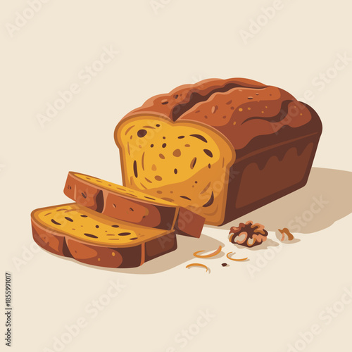 Minimalist vector illustration of pumpkin bread and slices on light background – Suitable for clean recipe layouts, food packaging design, or autumnal graphic resources.